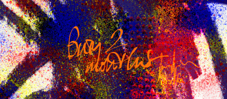 Abstract background with colorful splatters and yellow gold words "Busy 2 Months"